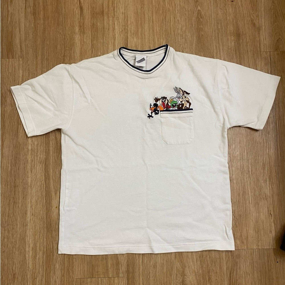 VintageWarner Bros.Cream Ringer Pocket T‑Shirt with Cartoon Character Embroidery